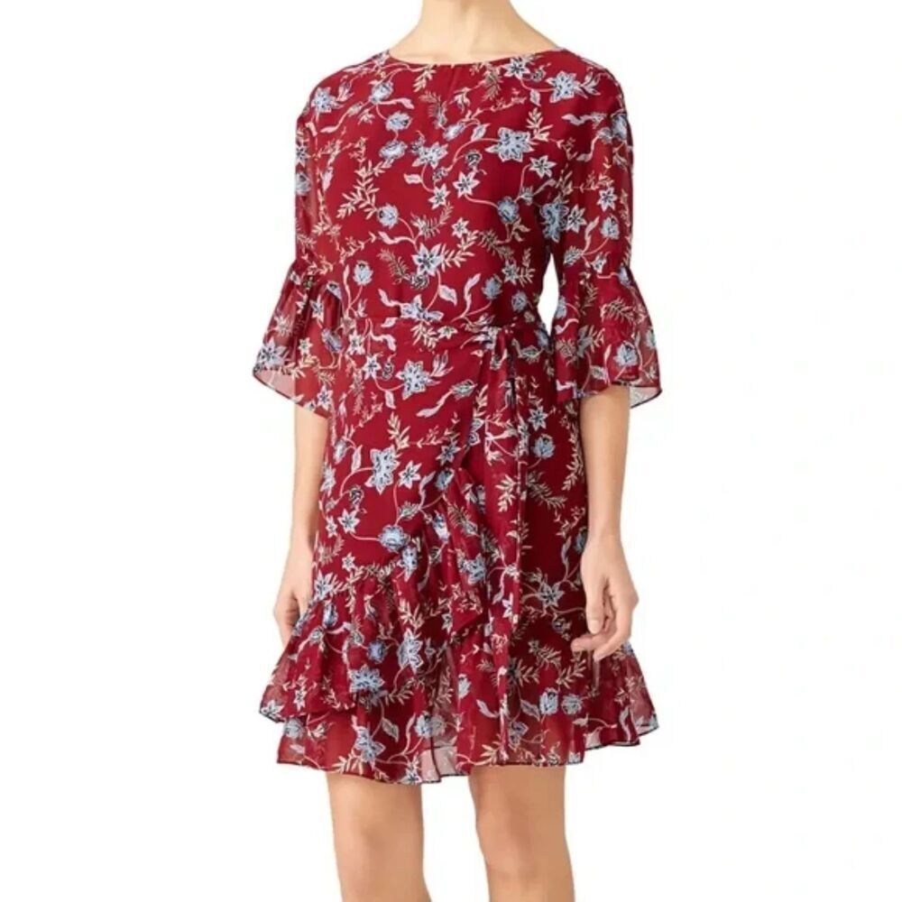 REBECCA MINKOFF Burgundy Blue Floral Print Faux Wrap Ruffle Mini Dress Medium